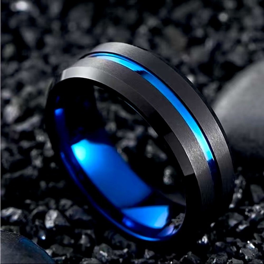 NEW ✨ REAL Tungsten Carbide black & blue Men’s Ring 8mm width DONT MISS out Sz10 - Picture 3 of 7